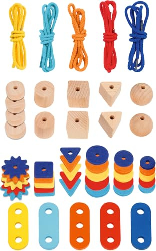 goki Mein kunterbuntes Fädelspiel Perlen Ø 2,5 cm, Holz, Filz, 48 Teile zum Fädeln, 5 Schnüre, per Set