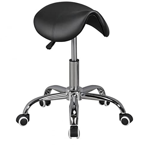 möbelando Menton - Sattel-Hocker in Schwarz | Arbeitshocker mit Kunstleder-Bezug | Sitzhocker ist höhenverstellbar | Design Drehhocker mit Rollen | Kosmetikhocker & Praxishocker mit Sattelsitz