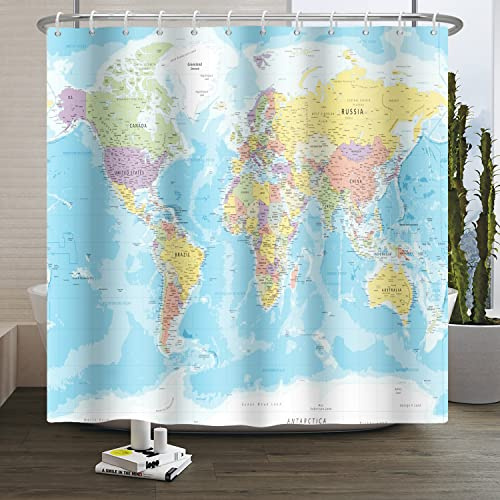 SDOTPMT 165x183cm Welt Karte Duschvorhang Länder und Städte Erdkunde Lehrreich Badevorhang für Kinder Blau Ozean Kontinente Badewanne Vorhang Stoff Wasserdicht für Badezimmer Badevorhang mit Haken
