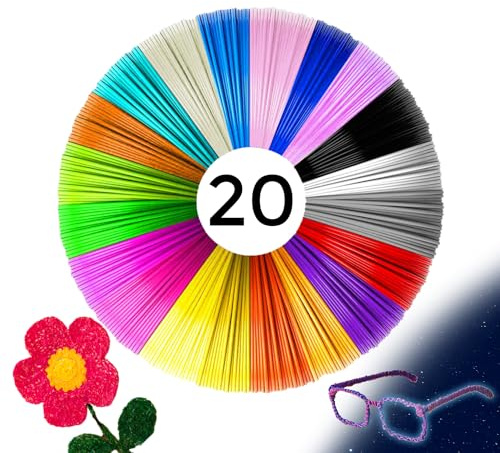 JLORENZ, Filament Pla, 3D-Stift, 20 Farben, 2 Fluoreszierend, je 5 m, 3D-Drucker, Naturfaser, hohe Toleranz und Präzision, i