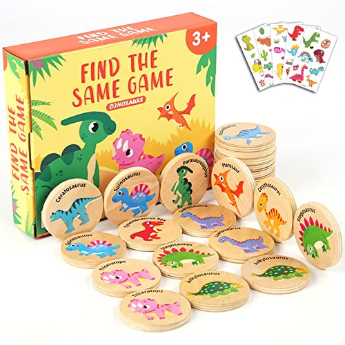 Protado Wooden Match Memory Game for Kids, 24Pc Memory Matching Cards, Educational Memory Matching Game for Pre-Kindergarten Early Learning Development Kids-Dinosaur