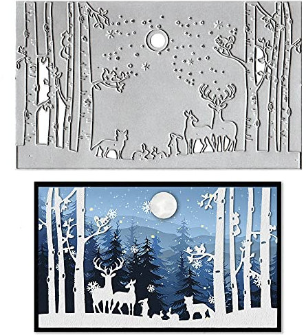 Estivaux Weihnachtsbäume Elch Stanzformen für Kartenherstellung, 3D-Weihnachtsschneeflocke, Winterwaldtiere, Prägeschablone für Scrapbooking, DIY-Karten, Album, Bastelbedarf (20 x 11,8 cm)