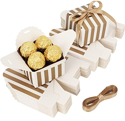 Belle Vous (60er Pack) Karton Geschenkbox Weiß & Gold mit Schleife - 6,5 x 6,5 x 4,5 cm - Süßigkeiten Geschenkbox Klein Geschenk Box für Hochzeiten, Jubiläen, Geburtstagsfeiern & Brautpartys