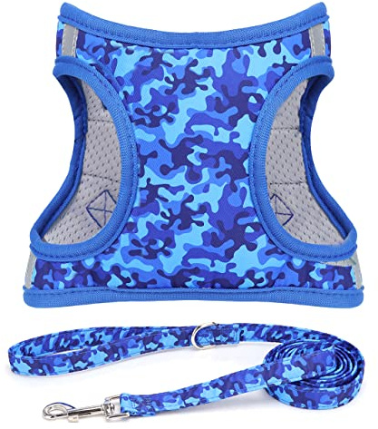 Moonpet Step in Air Hundegeschirr Leine Set – Reflektierendes Blumenmuster gepolsterte Netzweste Geschirr für Katzen, Welpen, extra kleine, kleine, mittelgroße Hunde - Blaue Tarnung -S