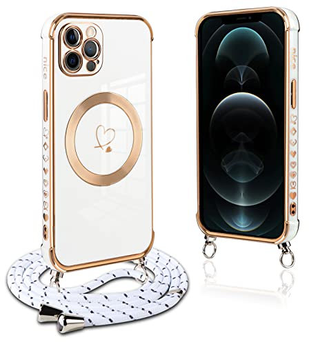 Pnakqil handyband für iPhone 12 Pro Max Hülle mit Band, Kompatibel mit MagSafe, Handyhülle Ultra Dünn Silikon Magnetisch mit Herz Love Muster Schutzhülle mit Kordel für iPhone 12 Pro Max, Weiß