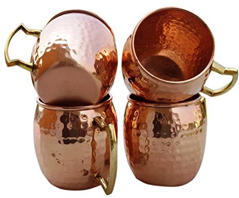 Aakrati Devyom Handicrafts Moscow Mule Becher-Set, handgefertigt, aus reinem Kupfer, Messinggriff, gehämmert, 4 Stück