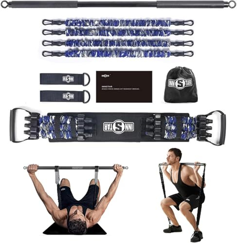 INNSTAR Portable Home Gym, Verstellbares Widerstandsband mit Stange und Kniebeugen-Bändern für Heimtraining, Bankdrücken Brusttrainer Resistance Band Set für Brust, Arm, Beintraining (105LB|Women)