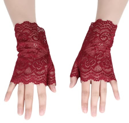 Whakano 1 par dam fingerlösa spetshandskar, korta bröllopshandskar, korta skurna fingerlösa handskar dam flickor brud, för halloween, bankett, fest, bröllop, te party tillbehör, röd, Vinröd, One size