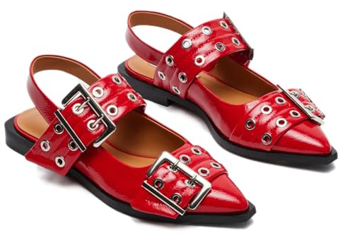 Mingkaigo Women Ballet Buckle Flats Pointed Toe Slingback Flat Casual Ballerina Shoes,Red 8