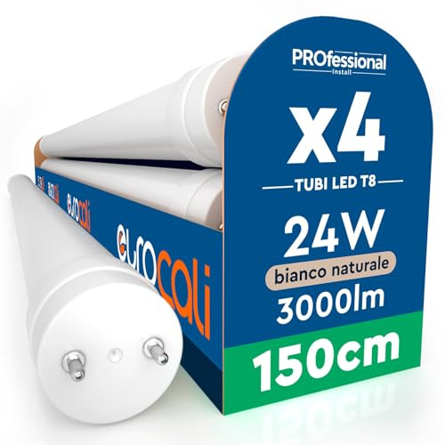 Eurocali 4 Tubi LED 24W 150cm T8 G13 SMD con Starter 3000 Lumen Garanzia 3 Anni - Luce Naturale 4000K - Alta Luminosità 125 lm/W - Materiale Nano Plastic Sostituzione Neon per Soffitto Garage Negozio