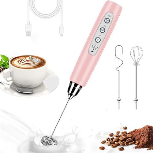 BSRGMS Espumador de leche de mano para café, batidor eléctrico de 3 velocidades ajustable, mezclador de bebidas con 3 batidores de acero inoxidable, varita espumadora de mano recargable, máquina de