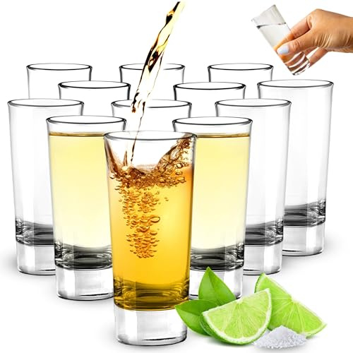 Vasos Chupito Altos - Vasos de Chupito de Base Pesada Transparente de 60 ml / 2 oz - Pack de 12 Vasos Chupitos Reutilizables para Vodka, Brandy, Cócteles, Whisky y Tequila
