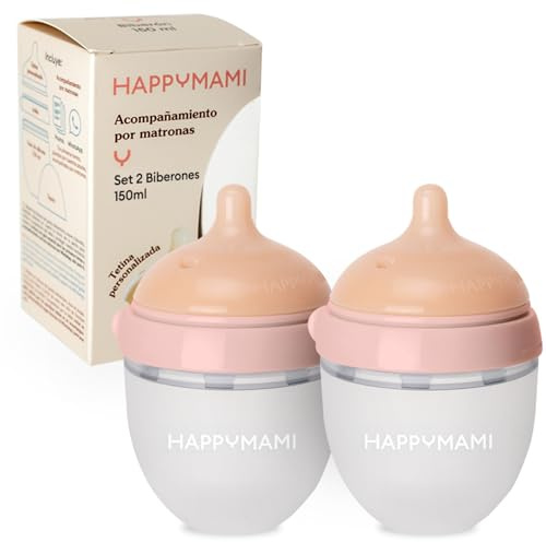 Happymami 2er Set Babyflaschen (Brustähnlich) - Baby Erstausstattung für Neugeborene - Personalisierbar & Anti-Kolik - Ideal für Zwiemilch, BPA-Frei (Rosa 150ml)