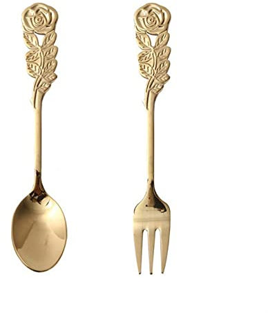 SDA287MZ Cucharillas Postre Cuchara Personalizada en Forma de Rosa, Cuchara de Acero Inoxidable 304, Tenedor, Cuchara de Postre, Juego de vajilla, Dorado Cucharillas de Café