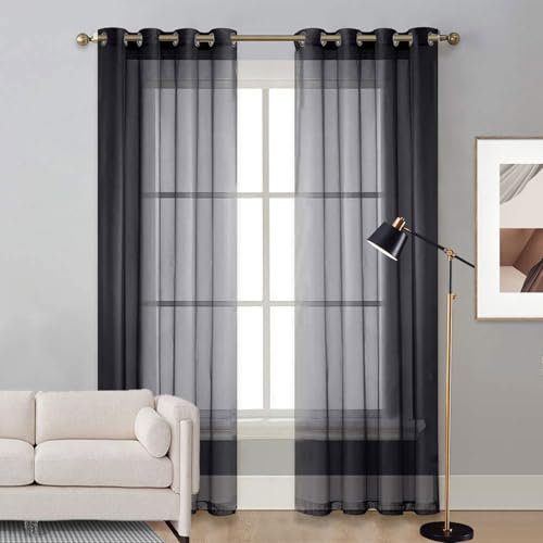 Gardine Halbtransparent mit Ösen 125 x 225 cm Wärmeisolierend, Ösenvorhang Himmelbett Vorhänge Baby Querbehang für Küche Wohnzimmer Landhaus, Schwarz