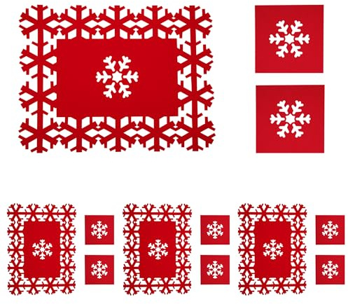 AYMQC Tischsets und Untersetzer aus Filz Weihnachten Platzset Rot Schneeflocke Weihnachts Platzdeckchen und Filzuntersetzer für Weihnachtsfeier Tischdeko 12 Stück