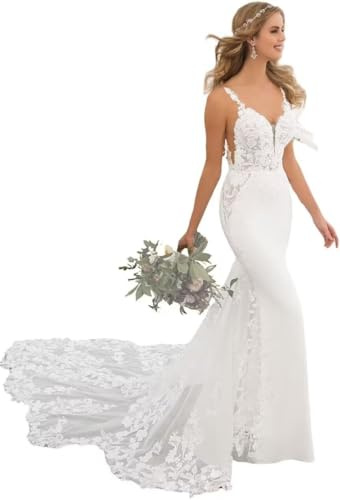 JIAJUPA Mermaid Wedding Dresses for Bride Lace Appliques Backless Beach Bridal Gowns with Train White Size 14