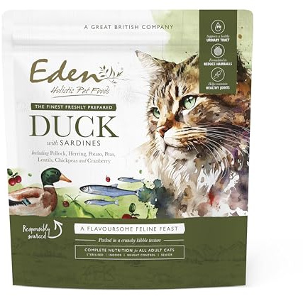 Eden Feline Feast - Pato con sardinas, 1,5 kg. Alimento seco natural para gatos adultos y adultos mayores. Ayuda a reducir las bolas de pelo, apoya un tracto urinario saludable, mantiene las