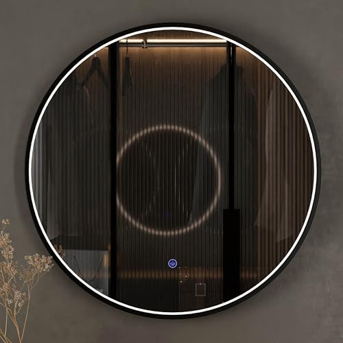 Planetmöbel VELUNA Spiegel mit Beleuchtung rund | Spiegel mit LED-Licht, Dekorativer Wandspiegel mit Alu-Rahmen, Dimm-Funktion, 3000-6500k, 3 Lichtstufen, 80 x 80 cm