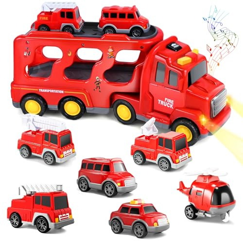 PATEMZON Feuerwehrauto Spielzeug, 7 in 1 Feuerwehr Auto Kinder, Zurückziehen Spielzeugautos mit Tattoo Aufkleber Kindermotive, Transport Truck mit Ton und Licht, Geschenke für Jungen und Mädchen