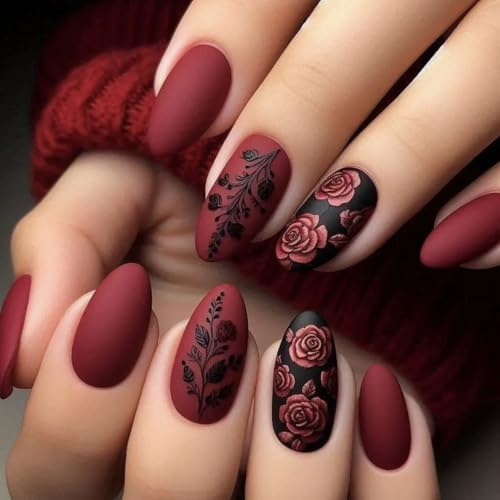 24 Stück Nägel Zum Aufkleben Kurz Mandel - French Tip Press on Nails - Rose Blumen Künstliche Nägel - Acryl Fingernägel zum Aufkleben Full Cover Einfarbig Kunstnägel Fake Nails für Frauen Mädchen