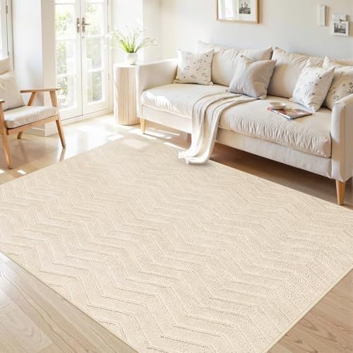 IMIYOKU Washable Rugs Living Room Large 160x230 cm, Beige Rug Non Slip Geometric Carpet, Fluffy Shaggy Area Rugs for Bedroom Lounge Home Kids Office Kitchen