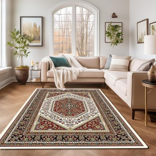 RBQIZVW Waschbarer Teppich Kurzflor Orientalischer Teppich - Klassisch Optik Webteppich Rot 160×230 cm - Vintage Optik rutschfest Teppiche Wohnzimmerteppich Schlafzimmer Robust Teppiche