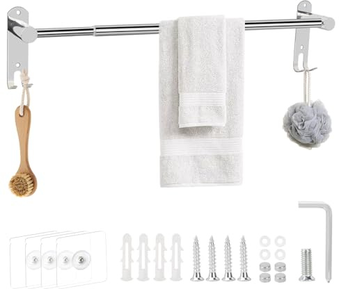 KINDPMA Towel Rail Wall Mounted Self Adhesive Towel Rail Adjustable 43-75cm Bathroom Towel Holder Retractable Stainless Steel Towel Rack with Hooks for Kitchen Shower