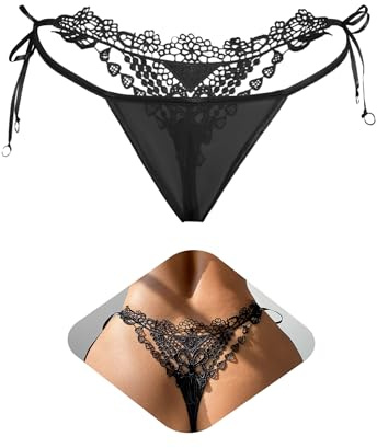 ohmydear Women Lace Thongs Plus Size French Knickers Sexy G String Panties | Stylish and Comfortable, T Back,Micro, Floral Embroidered, Side Tie, Low Rise Tanga Briefs Ladies Underwear, Plus Size