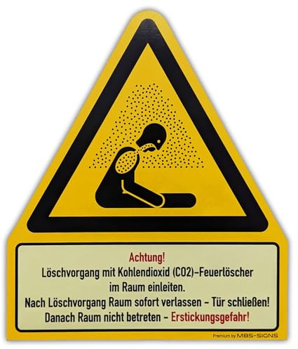 Aufkleber Kombi + Text „Achtung! Löschvorgang Kohlendioxid (CO2)-Feuerlöscher“ Symbol nach ISO 7010 W041 & DIN 67510 nachleuchtend | 210 x 245 mm Made in Germany, Anzahl der Artikelpakete: 2 Stück