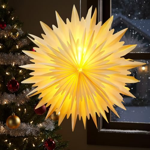 Weihnachtsstern Beleuchtet, Papierstern zum Aufhängen, Papierstern Lampenschirm, Papierstern Beleuchtet mit Beleuchtung, 3D Weihnachtsdeko Innen Fenster, Weihnachten Leuchtstern Lichterkette, 45 cm