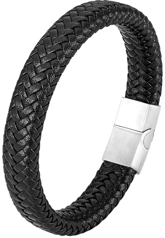 Mochity Herrarmband, 21 cm enkel läderarmband, svart brun blå armband, herrsmycken, Medium, Rostfritt stål, Rostfritt stål