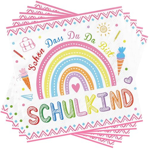 100 Blatt Servietten Einschulung, 33x33cm, Einschulung Deko, Regenbogen Deko, Schulkind Servietten Mädchen, Bedruckt mit Den Worten Schön Dass Du Da Bist