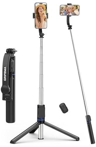 GRIFEMA Palo Selfie y Trípode para Móvil Extensible (107cm) | Soporte Giratorio 360° con Mando a Distancia Desmontable, Trípode Portátil para iPhone y Android, Vlogging y Directos