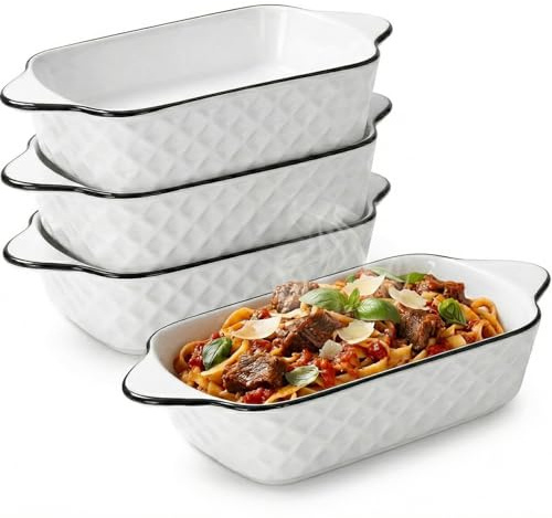 Xtrillogen 4PCS Ceramic Lasagne Pie Baking Dish Set,10.5 Inch Rectangular Individual Pie Dishes for the Oven,Large Baking Tray with Handles,Suitable for Casserole,Cake,Microwave and Oven Safe(Diamond)