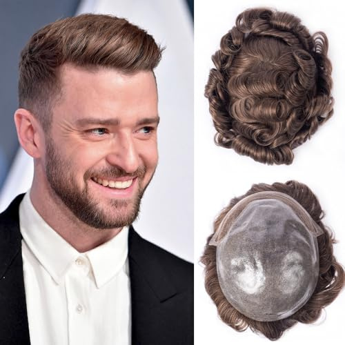 Men's Human Hair Toupee,8 X 10 Inch,120% Density Real Human Hair Piece, Thin Skin Base, Hair Replacement System For Men (#6 Lace Front)