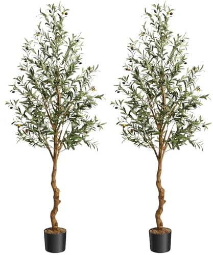 Set med 2 180 cm realistiskt stort konstgjort olivträd, inomhus konstgjort träd med oliver, gren och lövverk, underhållsfri, falsk växt/dekorativ konstgjord växt för vardagsrum, kontor, balkong