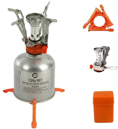 TERRE JARDIN Brûleur Pliable Trailgaz Plus pour Camping et randonnée 3000 W | Réchaud pliable acier inoxydable 3000 W avec support stabilisateur de cartouche, étui de rangement orange, poids total 182 g
