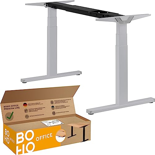 boho office® Premium Line Schreibtisch Gestell elektrisch höhenverstellbar | Silber,Wippschalter - Made in Germany, Kollisionsschutz, stufenlos, 2 laufruhige Motoren, 3-Fach Teleskop