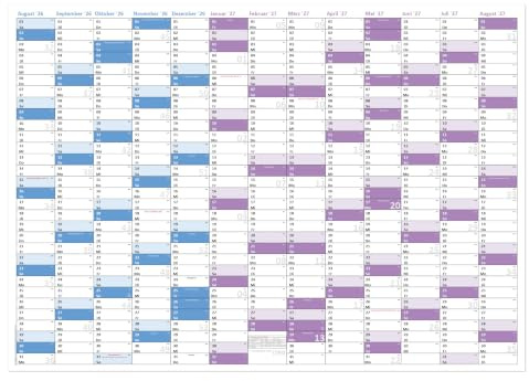 Schuljahreskalender 2026/2027 DIN A1 (594 x 841 mm), stabiles Bilderdruckpapier, gerollt, 13 Monate August 2026 bis August 2027, Wandkalender Schulkalender