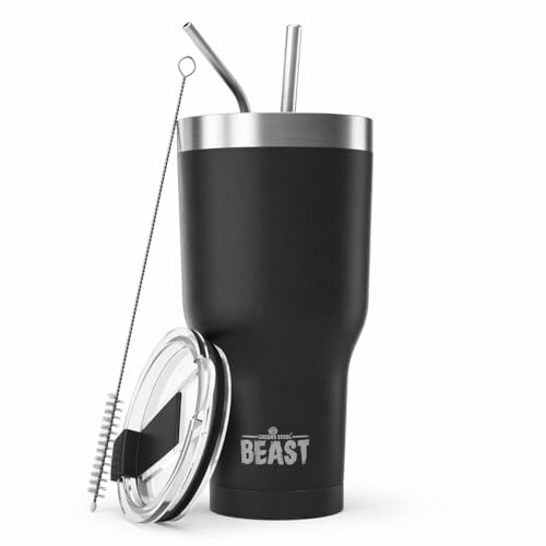 Greens Steel Beast Tumbler – 1050 ml (40 oz), Matt-schwarz | Wiederverwendbarer Edelstahl, vakuumisolierter Becher | mit 2 Strohhalmen & Reinigungsbürste | Doppelwandiger Reise-Thermobecher