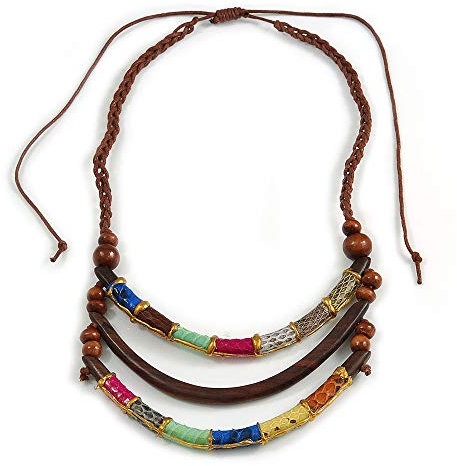 Avalaya Statement Layered Wooden Bar with Leather Detailing Cotton Cord Necklace (Brown, Multicoloured) - 54cm L (Min)/ Adjustable