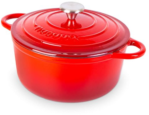 Nuovva Enamelled Cast Iron Dutch Oven Pot with Lid – 5 Quart Casserole Dish – Ceramic Dutch Oven for Bread Baking, Roasting, Braising & Stews – Oven Safe up to 500°F – 24cm Red