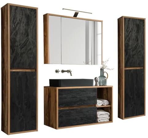 Lomadox Badezimmermöbel Set Eiche mit Beton dunkel Dekor, 100 cm Waschtisch-Unterschrank mit Keramik-Wasschbecken, Spiegelschrank mit LED-Beleuchtung, 2 Hochschränke, B/H/T 220/200/46 cm