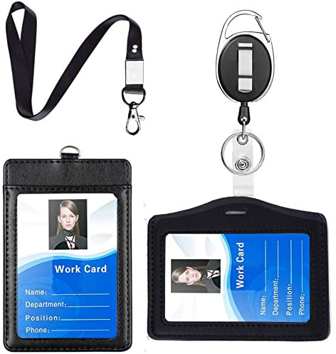 Ausweishülle Kartenhülle mit Schlüsselband,4-teiliges Set Echtem Leder Ausweishalter mit Extra Starker Feder und Schnur mit Gürtelclip für Kartenhalter(1Horizontal&1Vertikal)