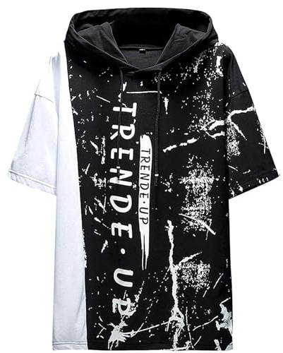 KENAIJING Maglietta con Cappuccio Uomo Felpa Mezza Manica Patchwork Sweatshirt Maniche Corte T-Shirt (M, Nero)