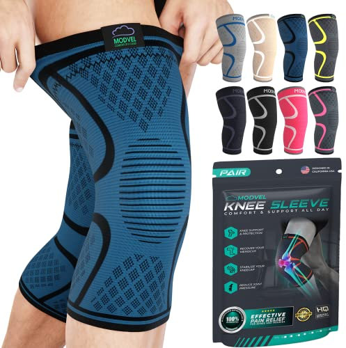 MODVEL Knee Brace Compression Sleeve – 2 Pack Support for Joint Pain Relief, ACL, Arthritis, Meniscus Tear & Best Knee Support for Sprained Ankle (M)