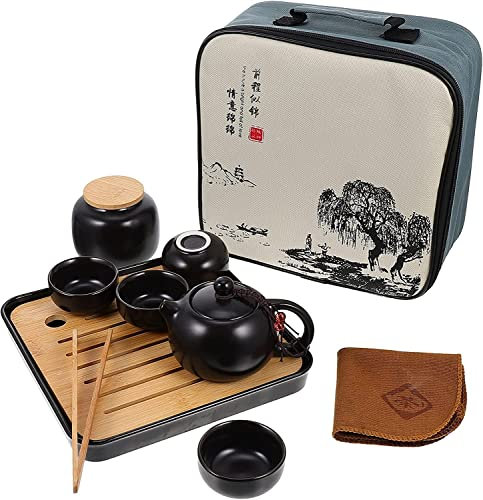 TANFEI Service à thé chinois en céramique de style japonais traditionnel avec sachet de thé portable pour la maison, le bureau, l'extérieur (noir)
