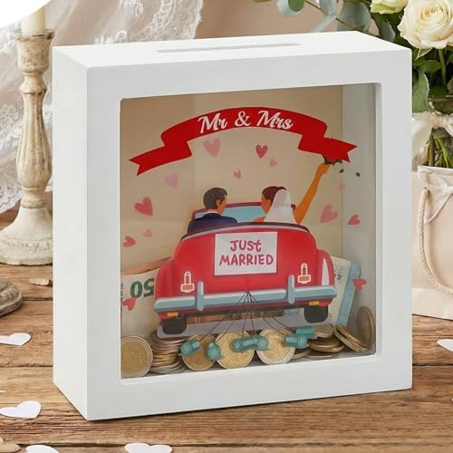Sparbössa sparbössa 3D-bildram med transparent framruta, gåva, spargris, förpackning för pengagåva (Just Married – vit, rektangulär)