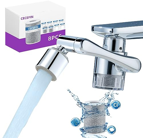 CECEFIN Water-Filter for Sink-Faucet Extender-Aerator - 9pcs Cartridges Reduce Chlorine for Bathroom/Kitchen Skin Face Eye Wash,Brass Faucet Mount Purifier System,1080°Rotating 2-Mode Swivel Aerator